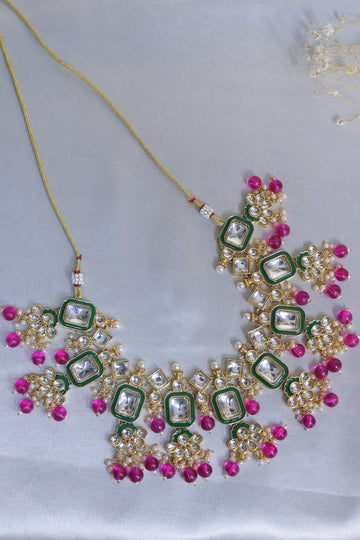 Gulnaar Royal Polki Choker Necklace Set with Green & Magenta Beads
