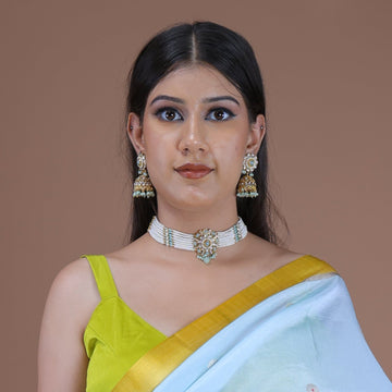 Aabhira Kundan Pearl Choker Set with Mint Green Accents