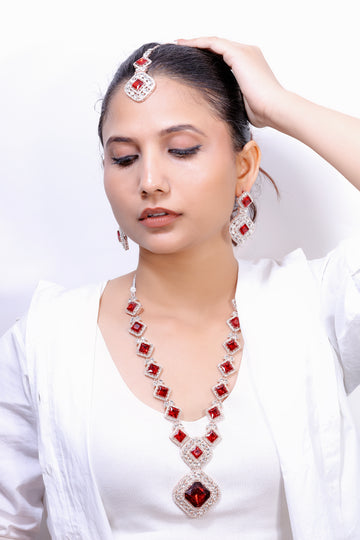 Sharvani Ruby Bridal Set (Necklace, Earrings & Maang Tikka)