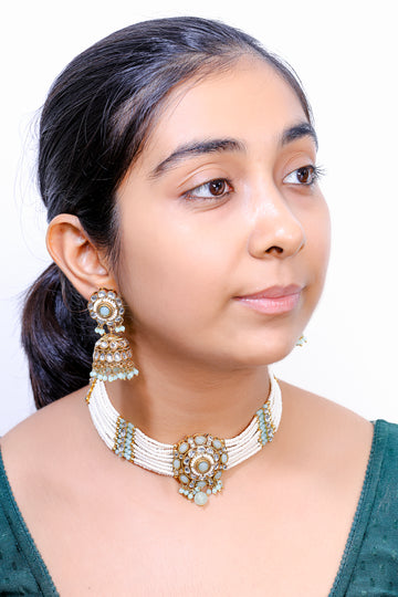 Aabhira Kundan Pearl Choker Set with Mint Green Accents