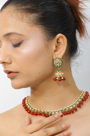 Aabroo Traditional Kundan & Red Bead Choker Set