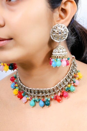 Desi Pop – Mirror Choker Set with Multicolour Beads