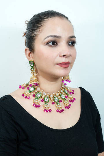 Gulnaar Royal Polki Choker Necklace Set with Green & Magenta Beads