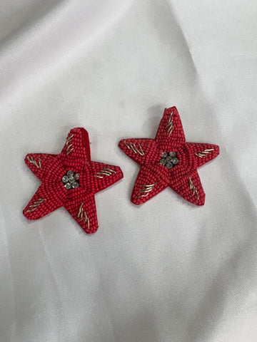 Handcrafted Red Star Beaded Earrings with Rhinestone Center