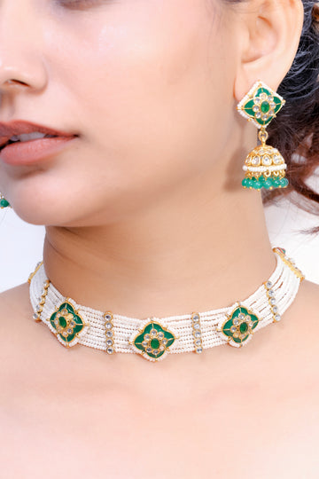 Nehrika– Emerald Meenakari Pearl Choker Set