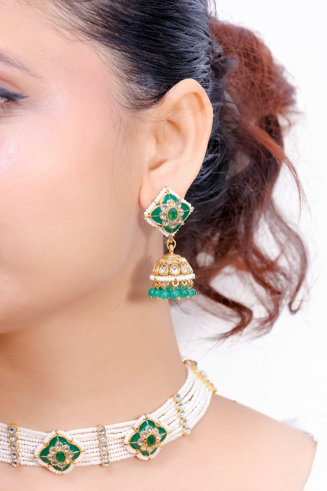 Nehrika– Emerald Meenakari Pearl Choker Set
