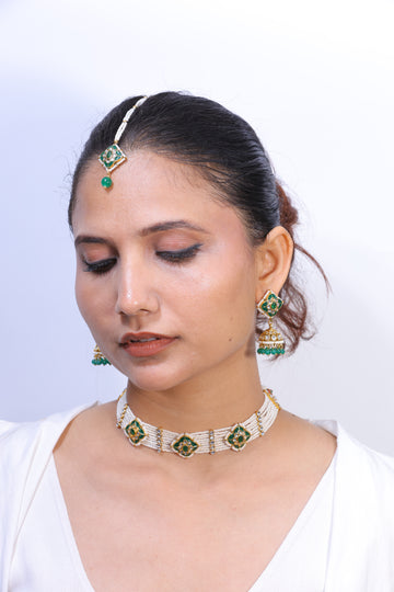 Nehrika– Emerald Meenakari Pearl Choker Set