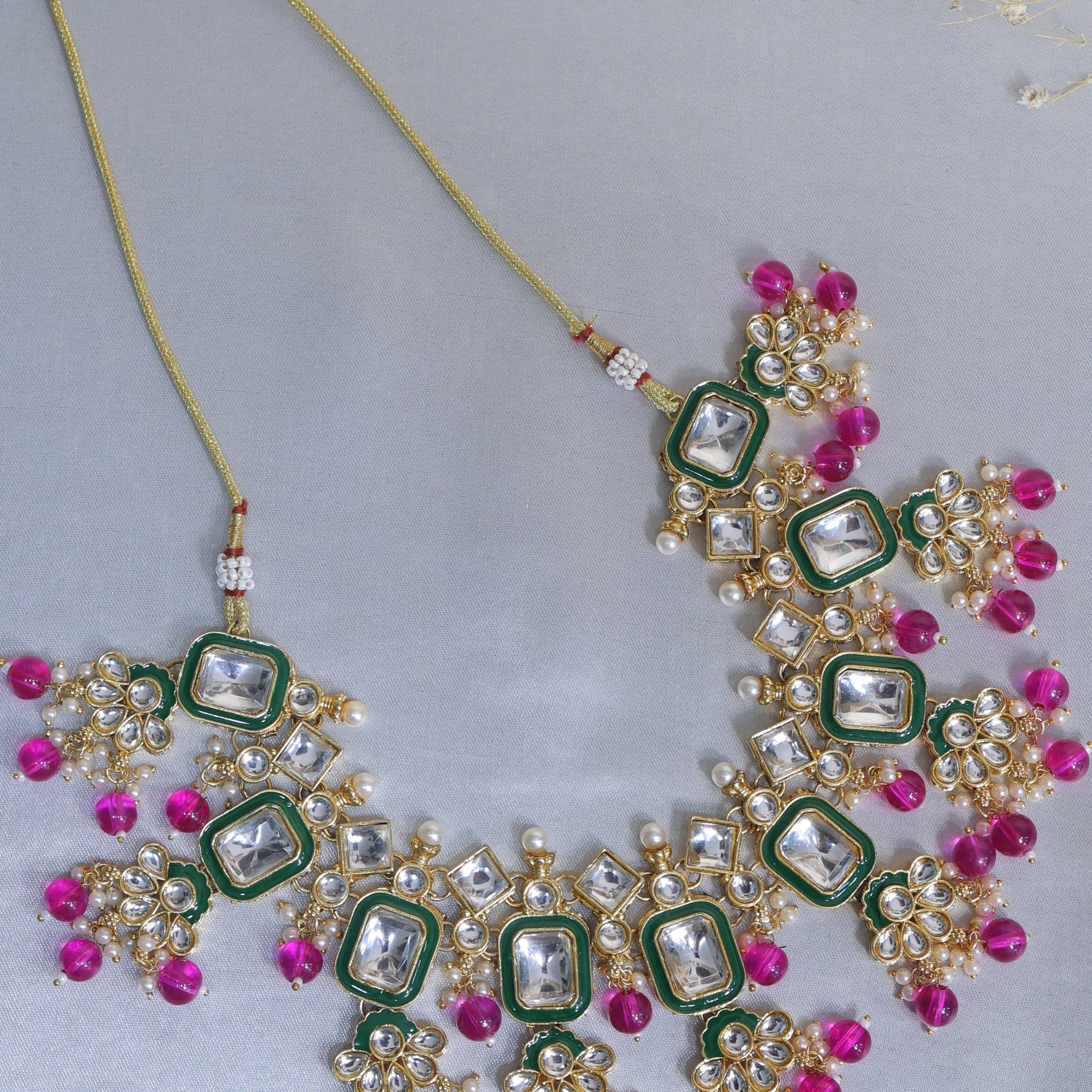 Gulnaar Royal Polki Choker Necklace Set with Green & Magenta Beads