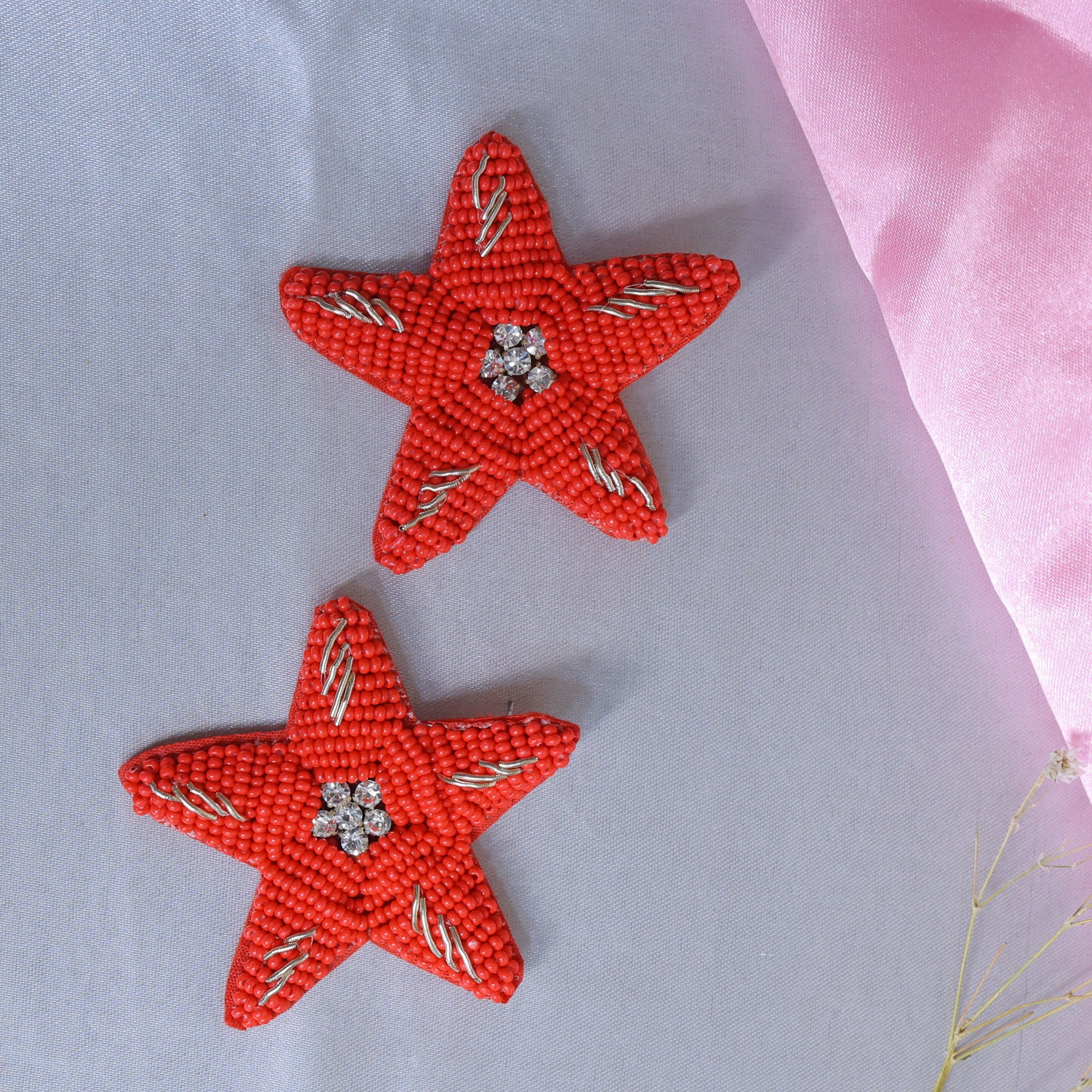 Handcrafted Red Star Beaded Earrings with Rhinestone Center