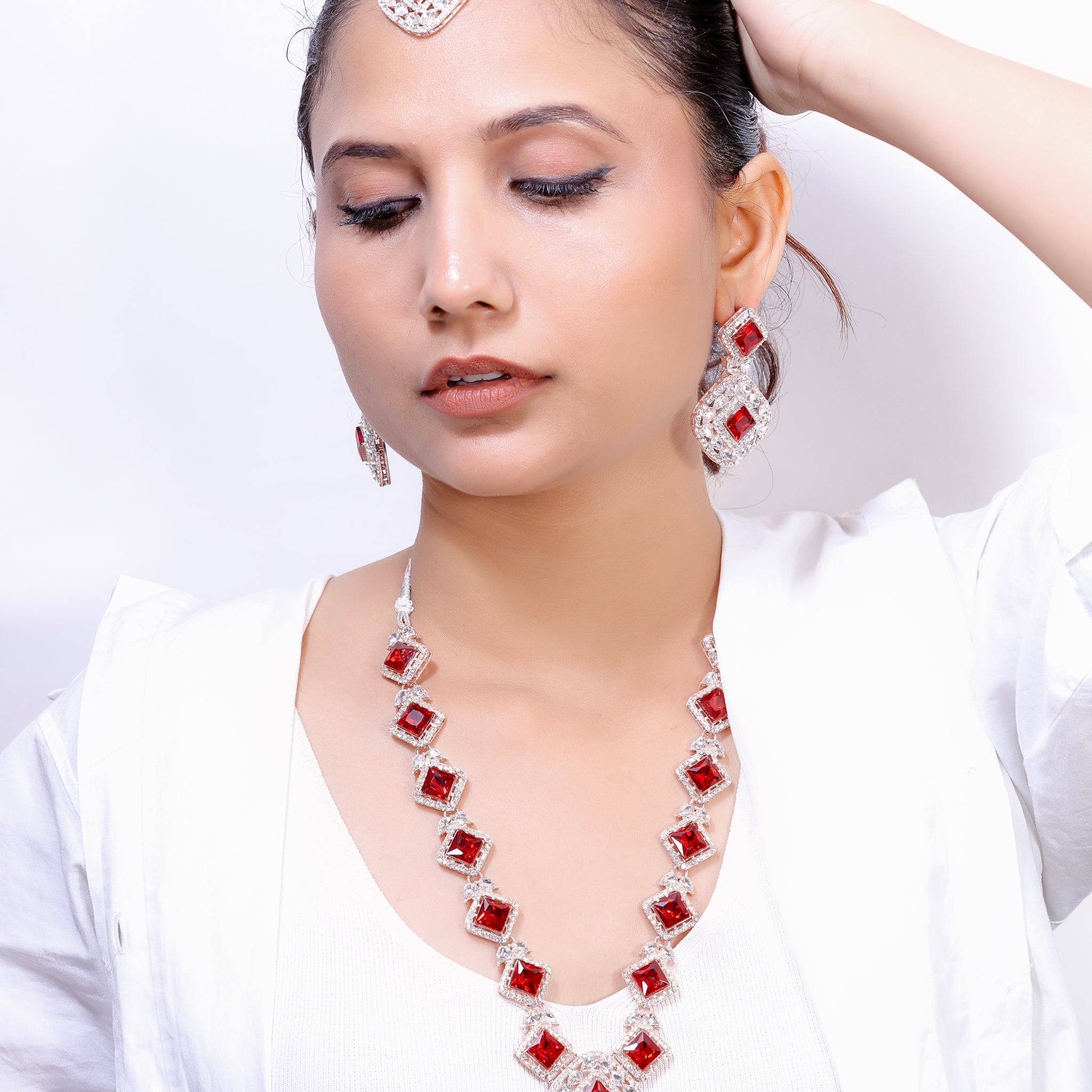 Sharvani Ruby Bridal Set (Necklace, Earrings & Maang Tikka)