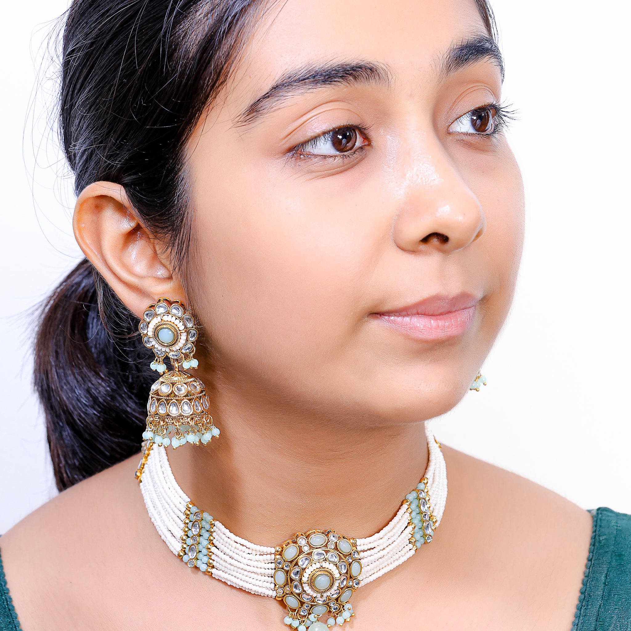 Aabhira Kundan Pearl Choker Set with Mint Green Accents