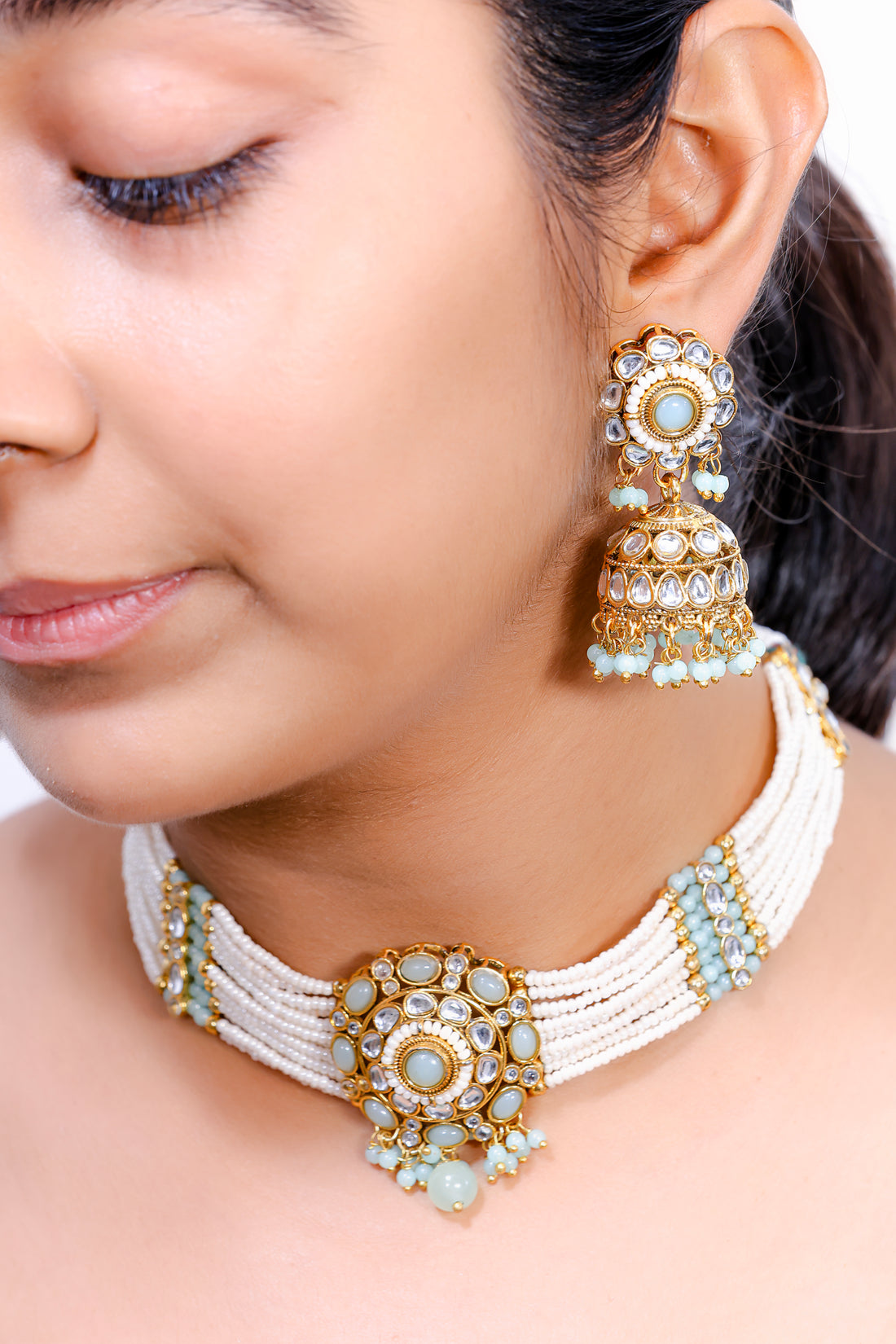 Aabhira Kundan Pearl Choker Set with Mint Green Accents