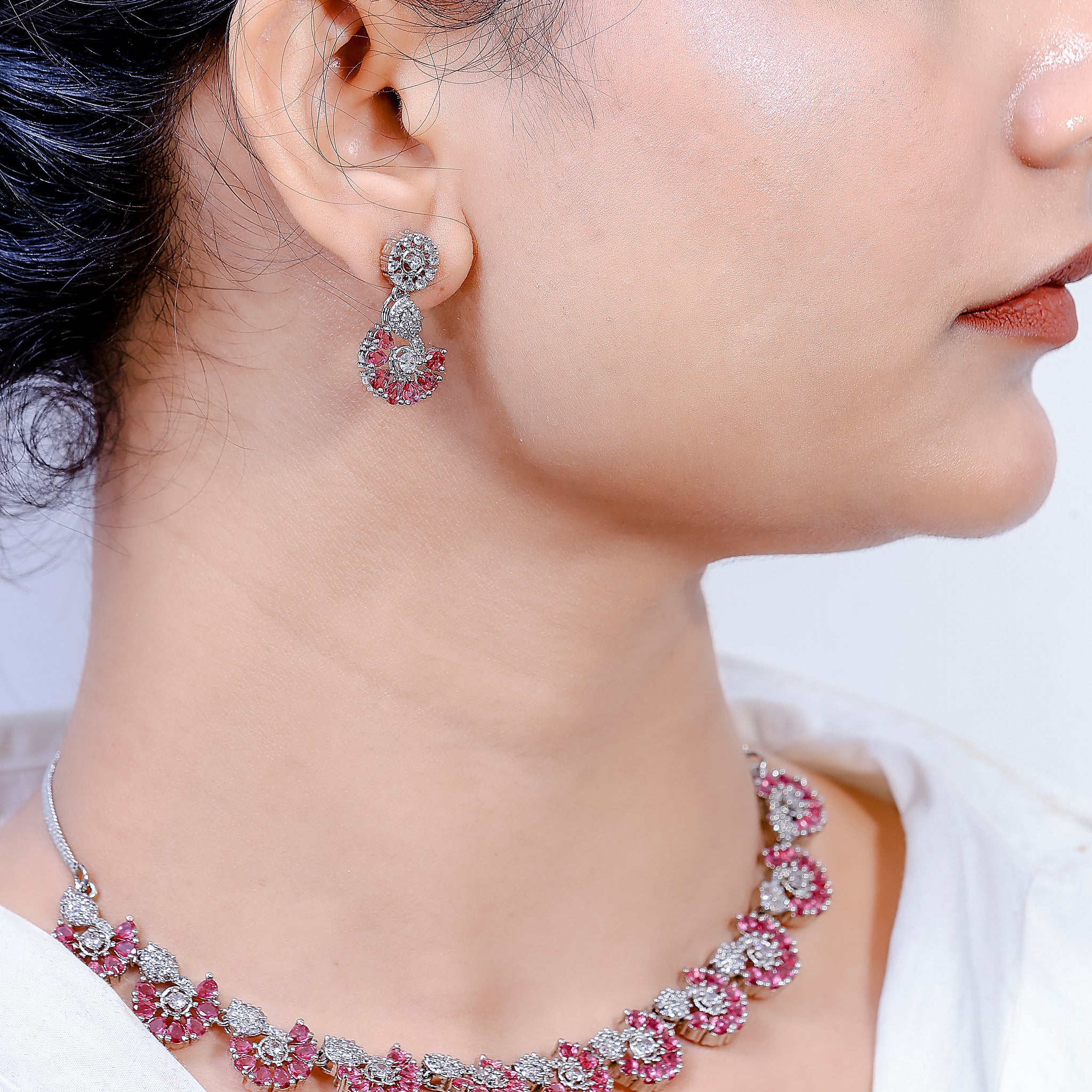 Bella Zircon & Ruby Floral Necklace Set