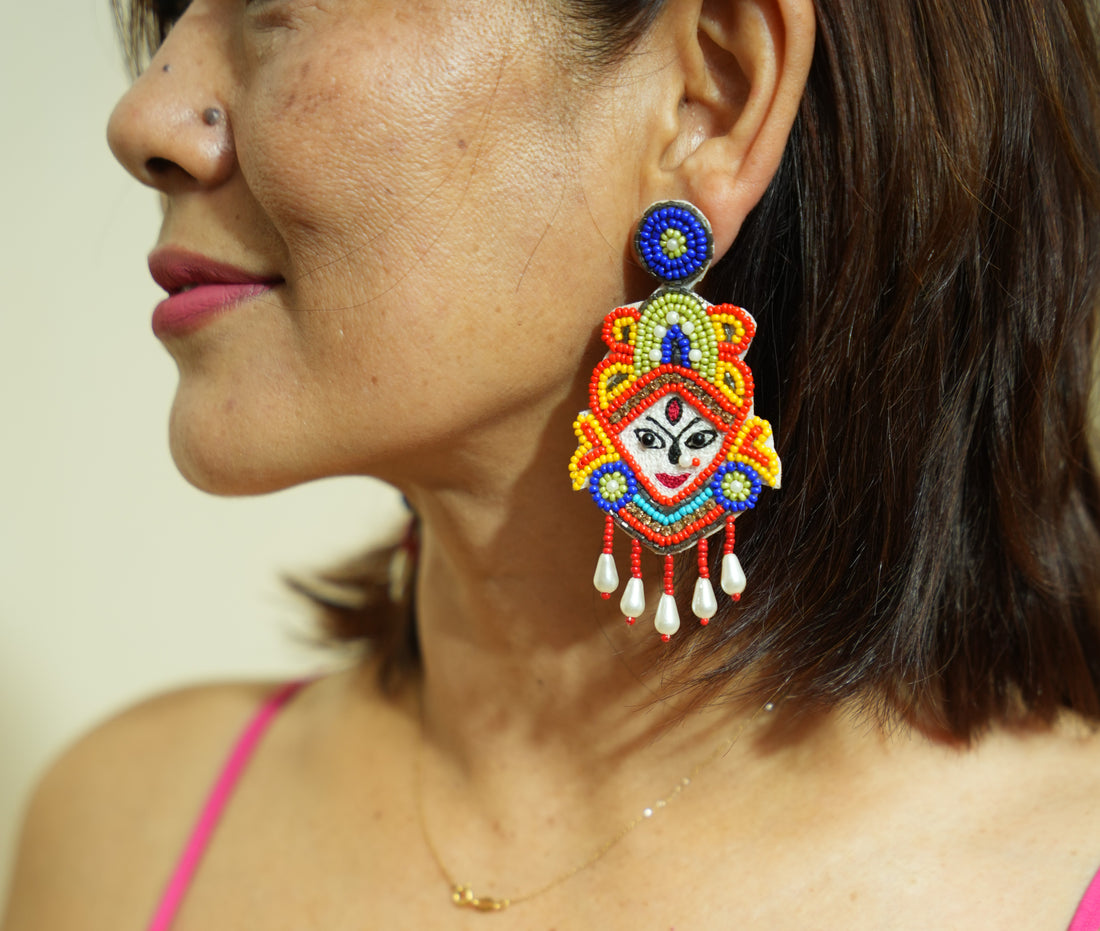Handcrafted Maa Durga Beaded Earrings – Divine Elegance with a Traditional Twist