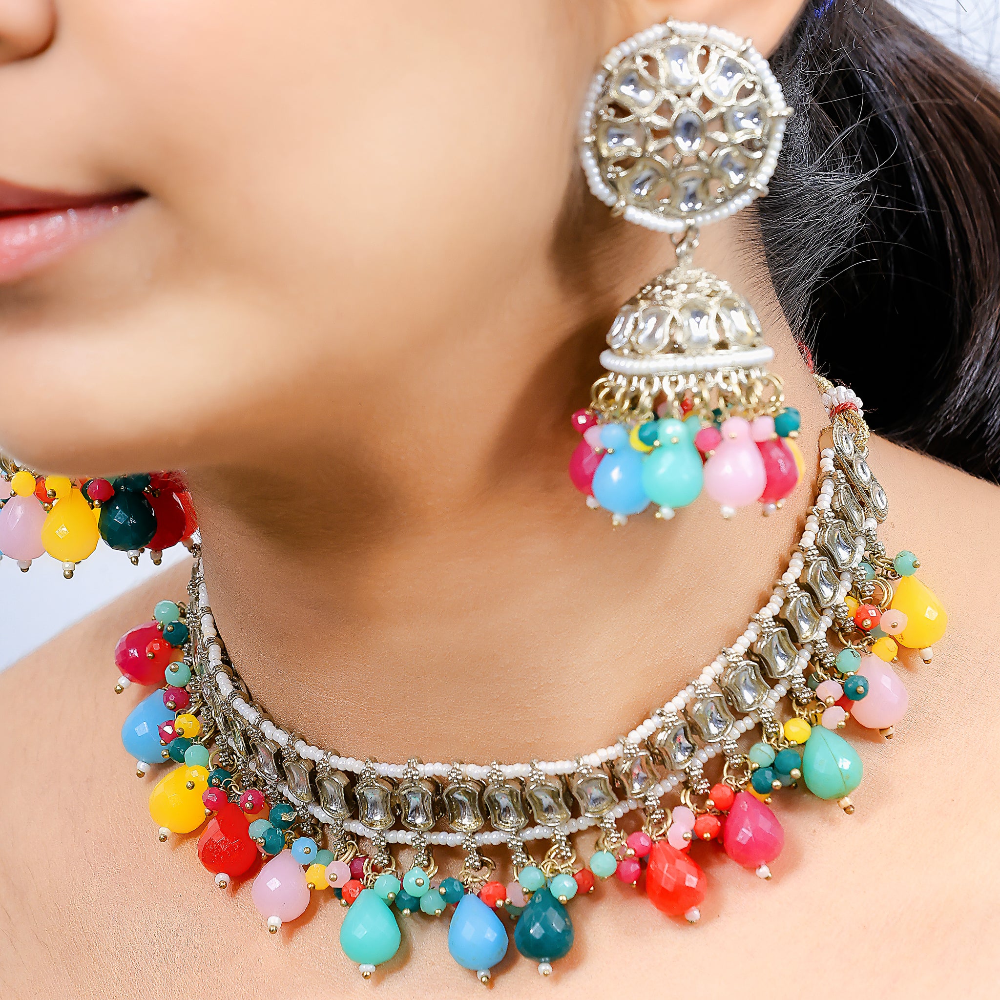 Desi Pop – Mirror Choker Set with Multicolour Beads