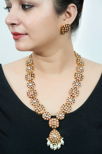 Devyani Gold-Plated Kundan Necklace Set with Pearl Drops