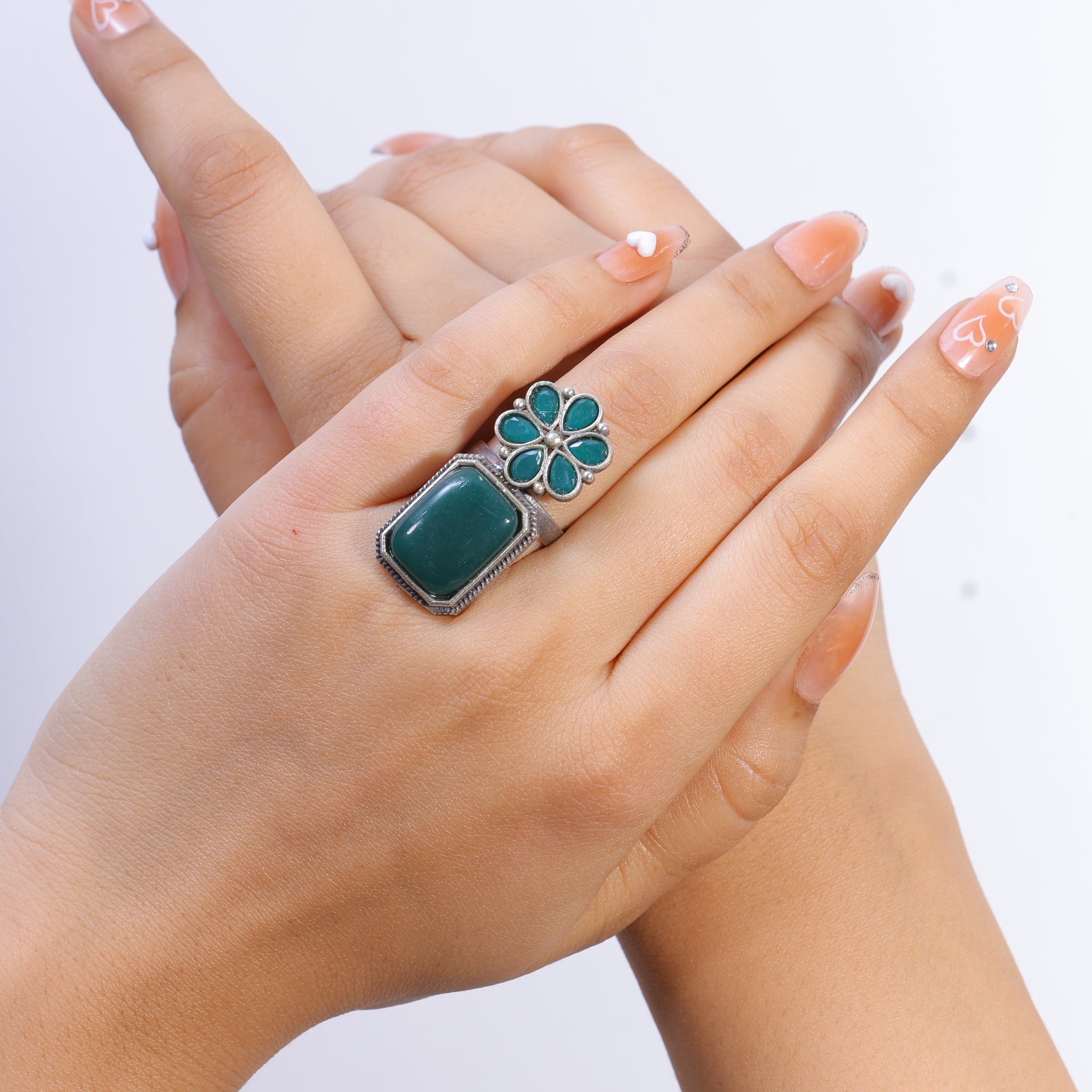 Eloria Ring – Dual Design Oxidised Ring with Teal Stones
