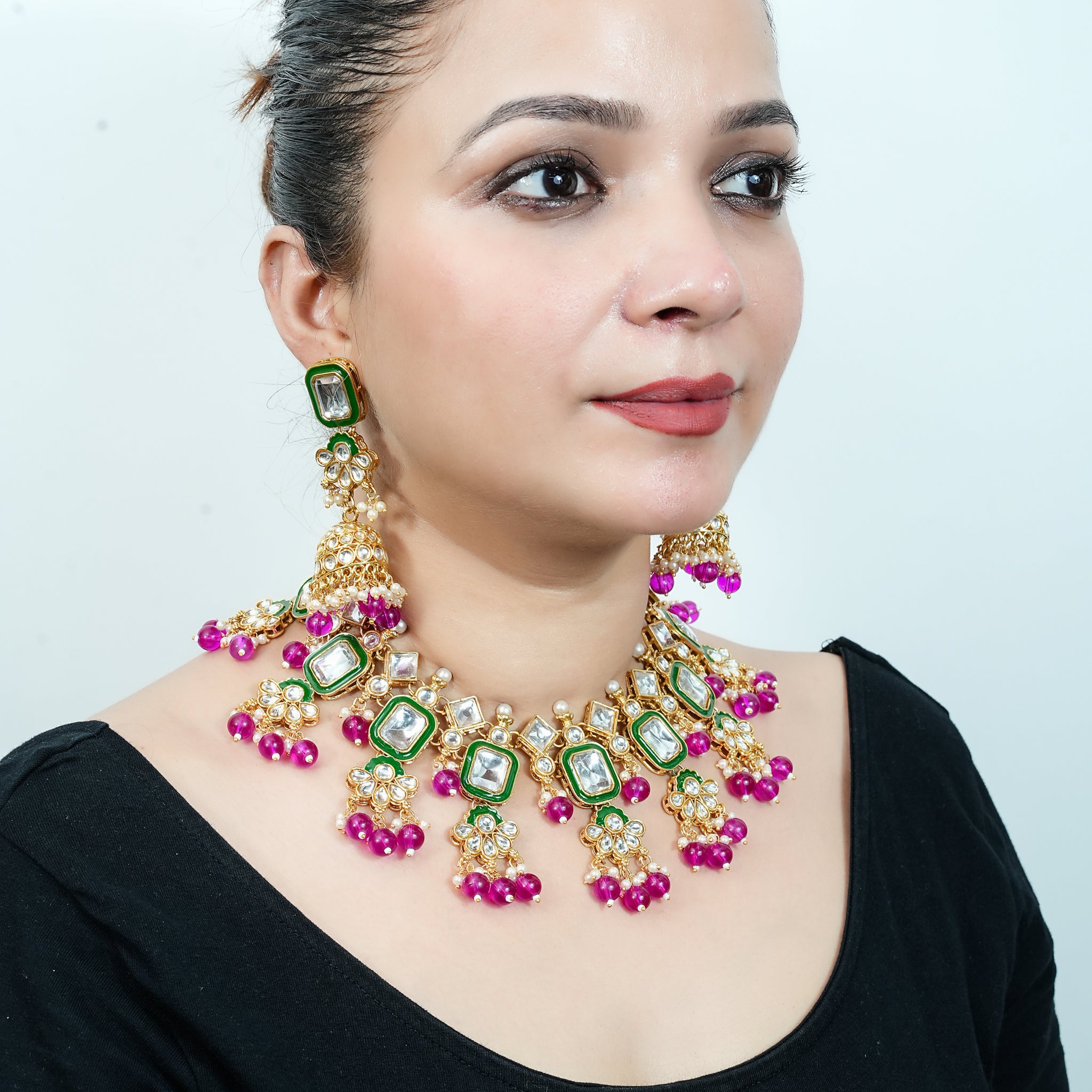 Gulnaar Royal Polki Choker Necklace Set with Green & Magenta Beads