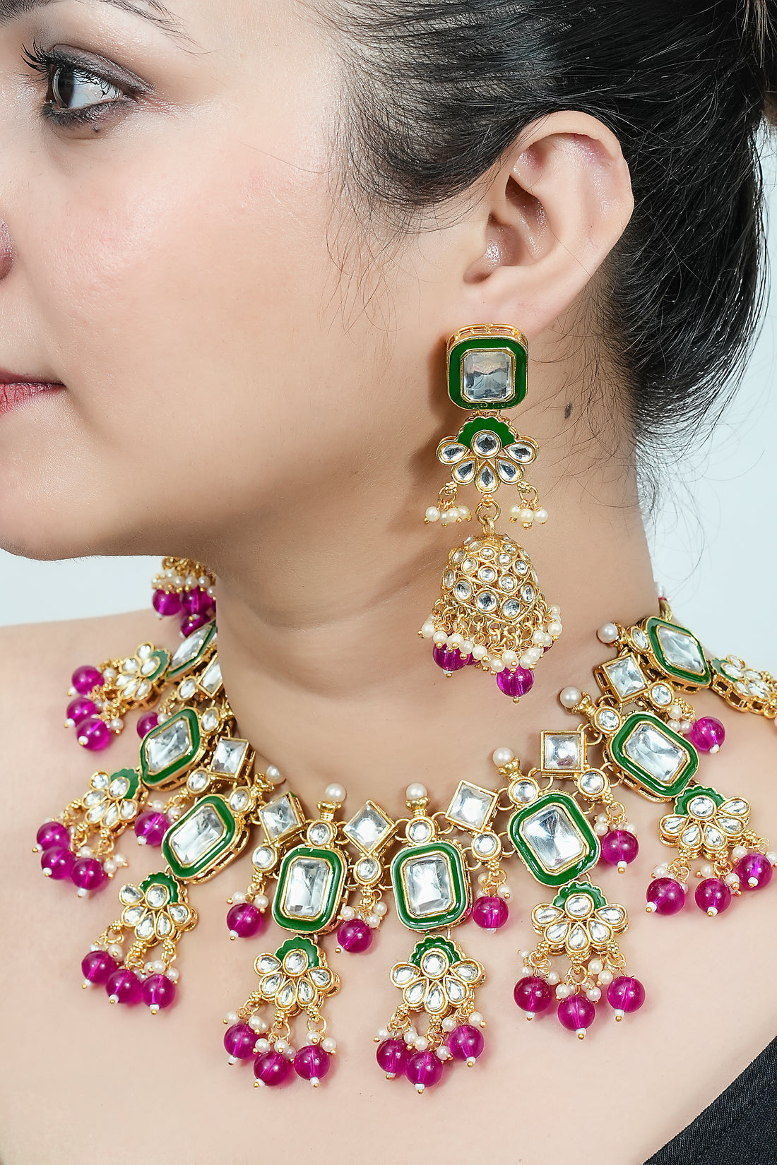 Gulnaar Royal Polki Choker Necklace Set with Green & Magenta Beads