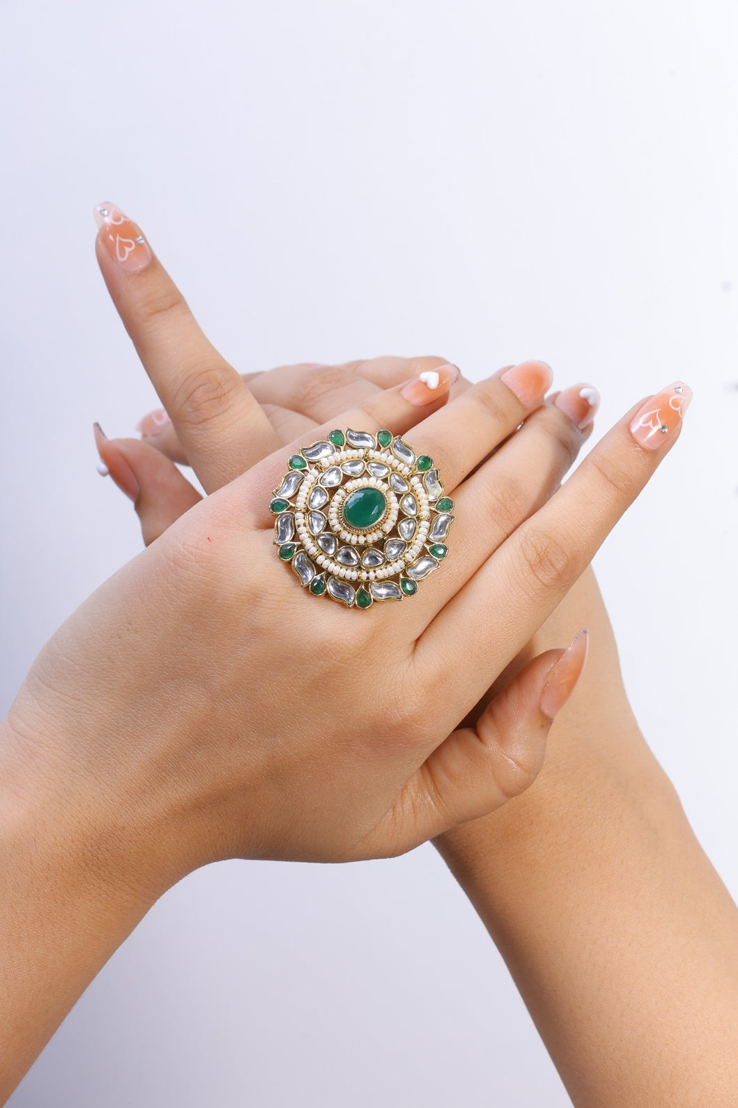 Heer – Kundan & Green Stone Statement Ring with Pearl Detailing