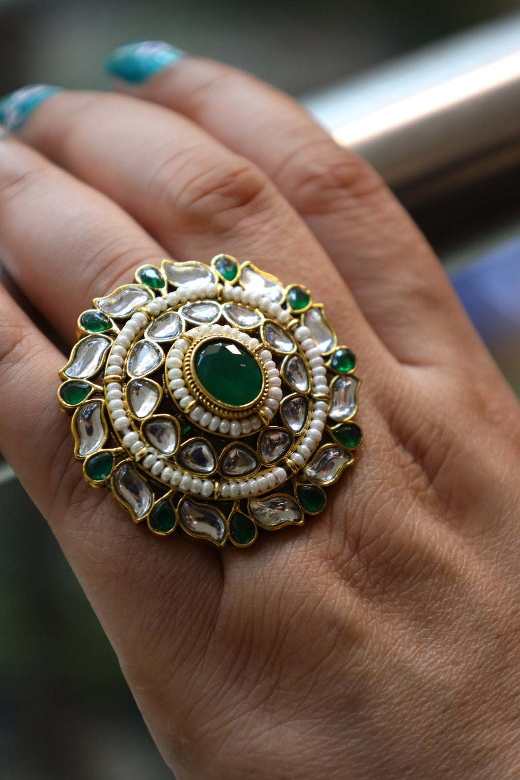 Heer – Kundan & Green Stone Statement Ring with Pearl Detailing