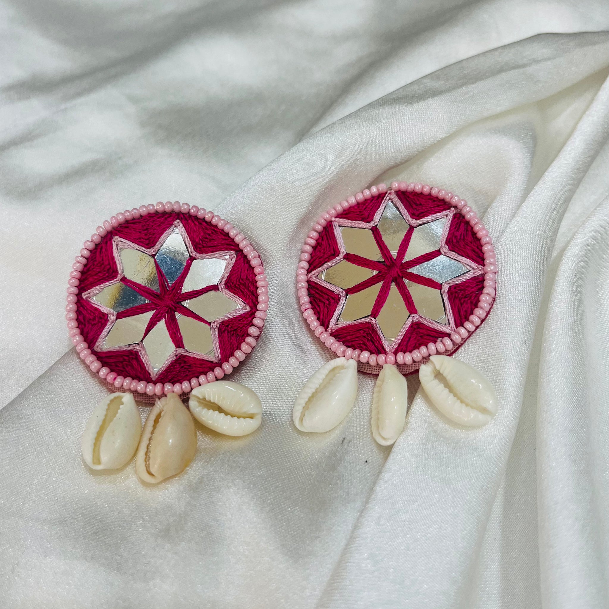 Handcrafted Mirror Work Earrings with Shell Danglers – Boho Pink Edition