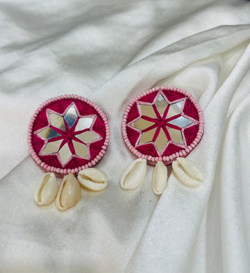 Handcrafted Mirror Work Earrings with Shell Danglers – Boho Pink Edition