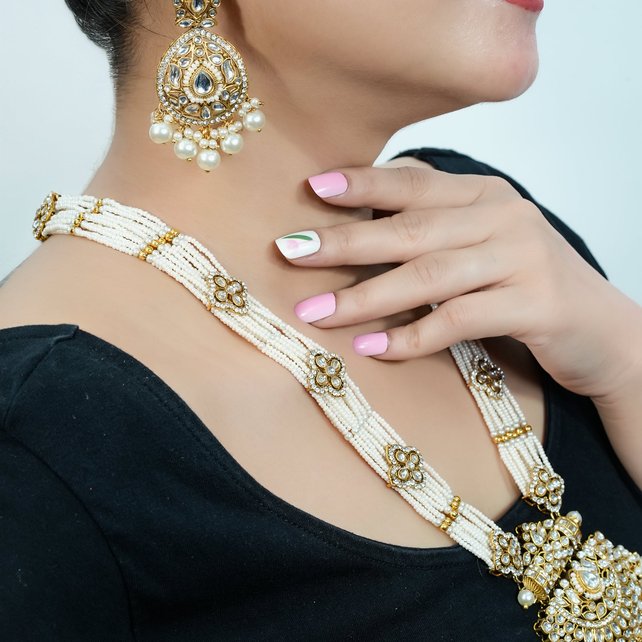 Jodha – Antique Pearl Layered Necklace Set with Royal Dome Earrings