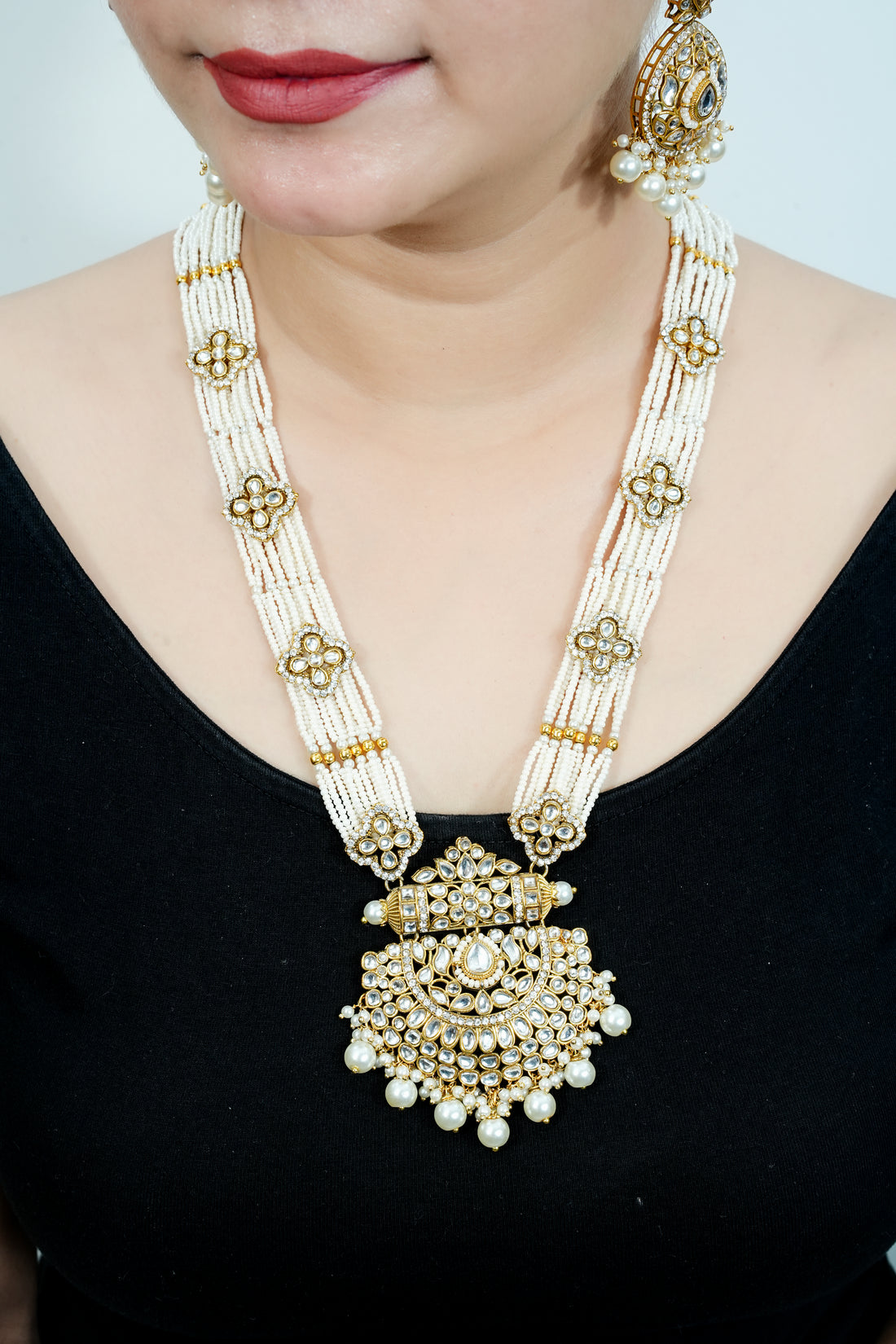 Jodha – Antique Pearl Layered Necklace Set with Royal Dome Earrings