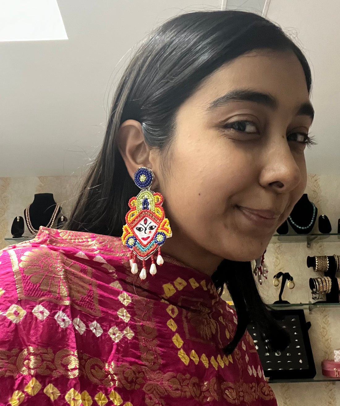 Handcrafted Maa Durga Beaded Earrings – Divine Elegance with a Traditional Twist