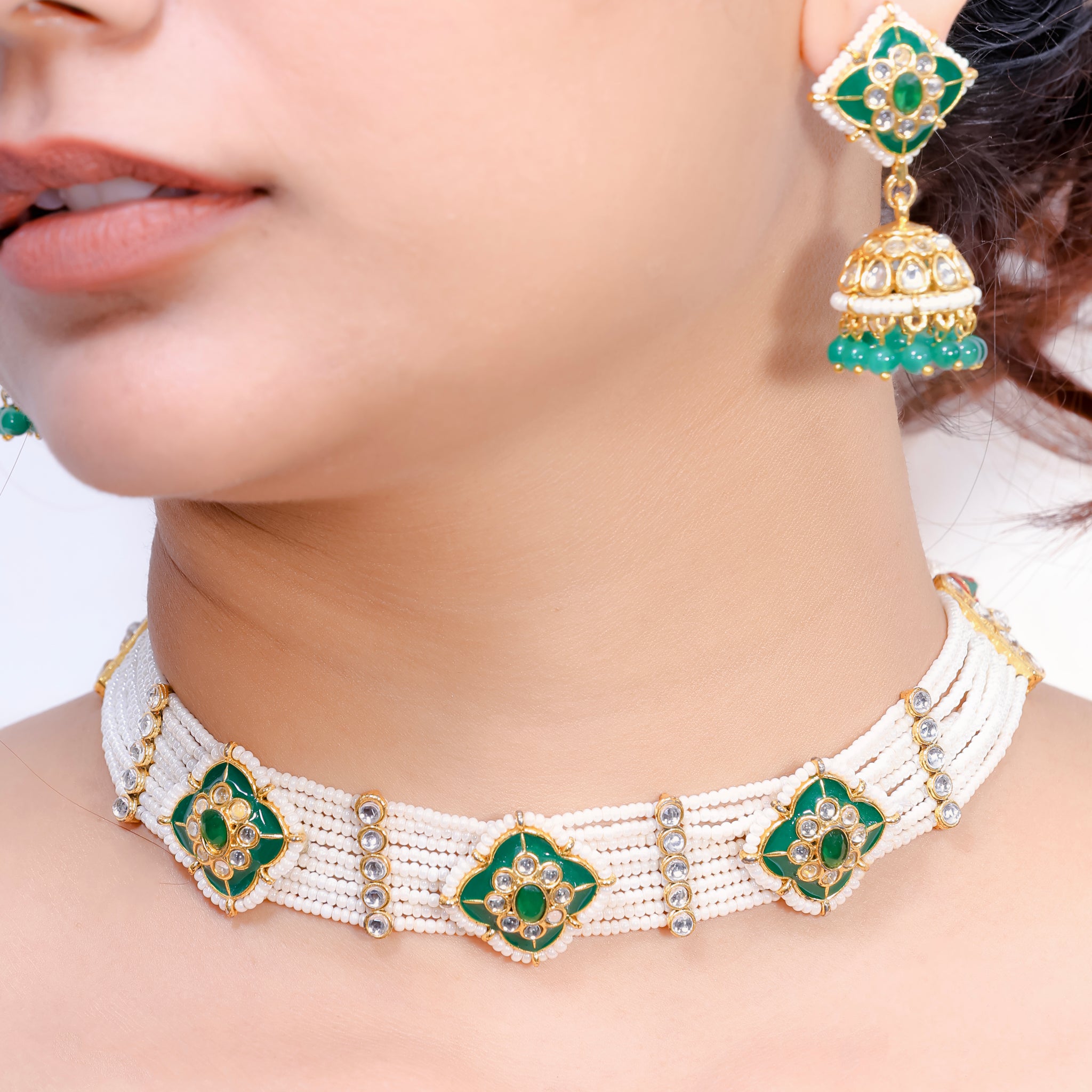 Nehrika– Emerald Meenakari Pearl Choker Set