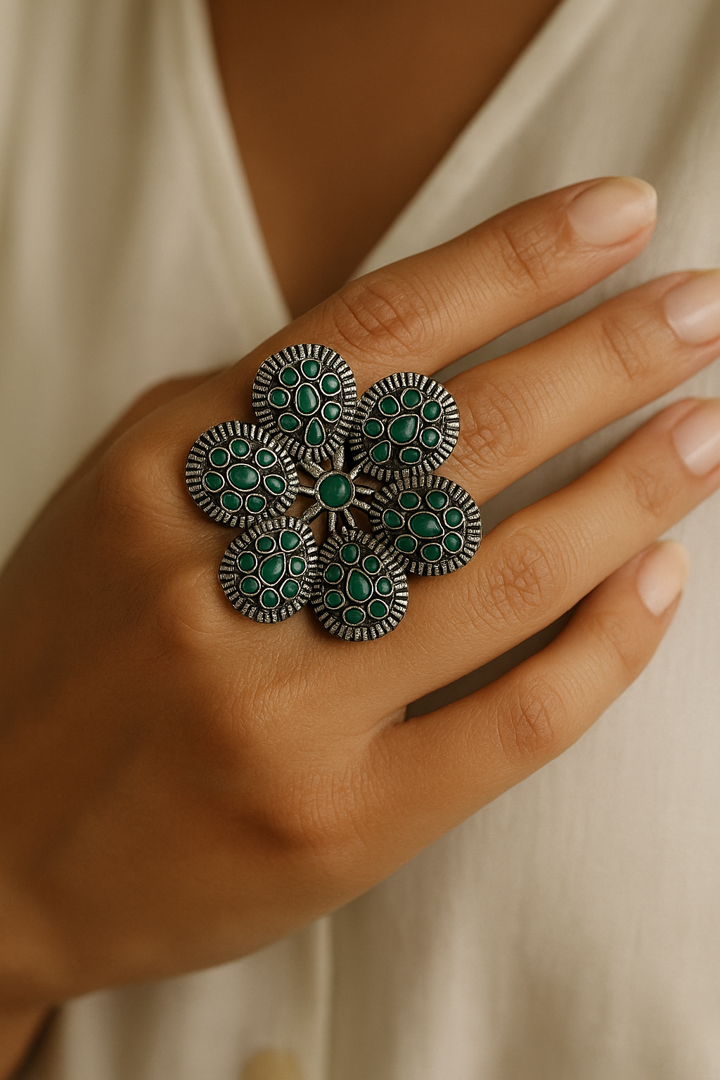 Tribal Blossom Ring – Oxidised Floral Statement