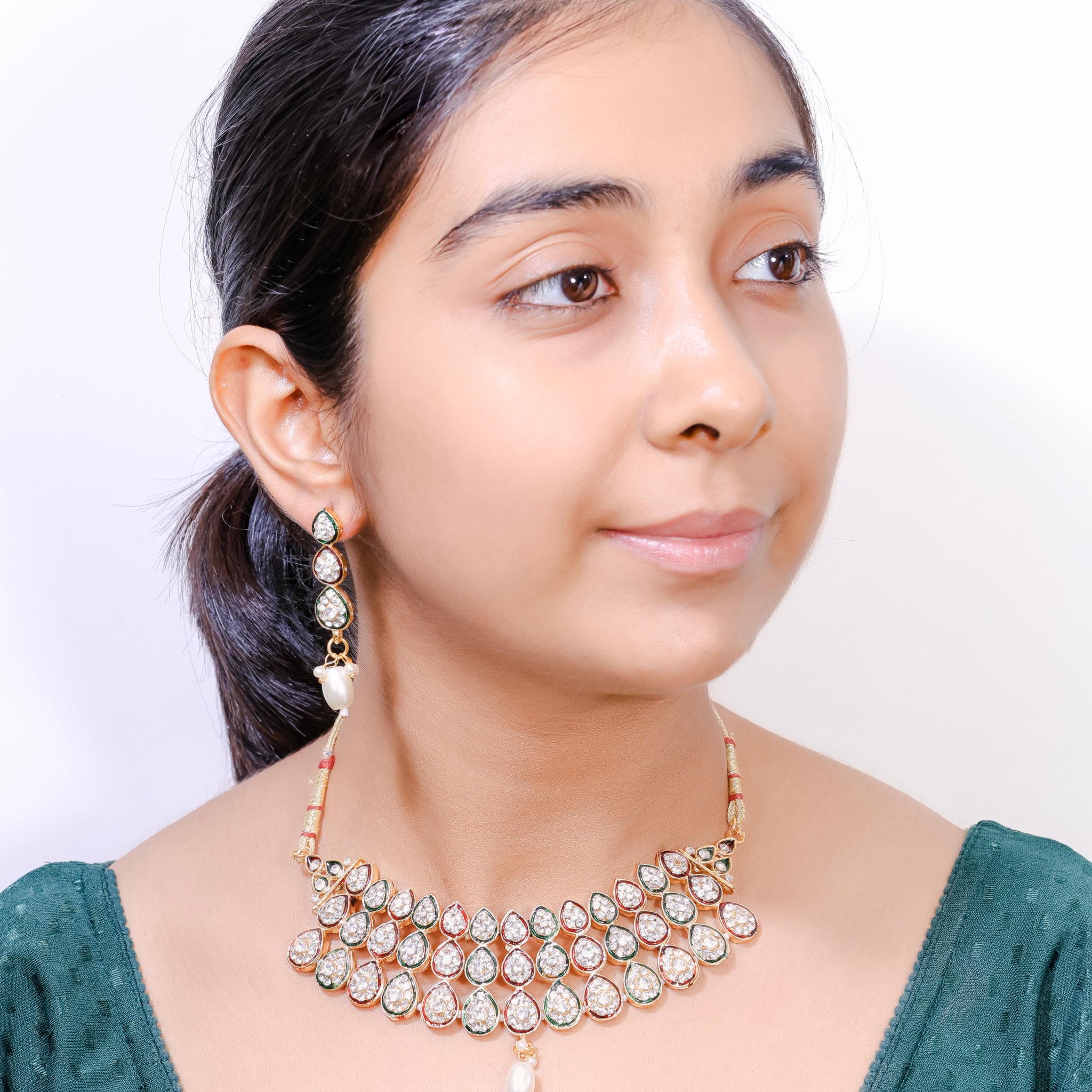 Vedhika Classic Green Polki Pearl Set